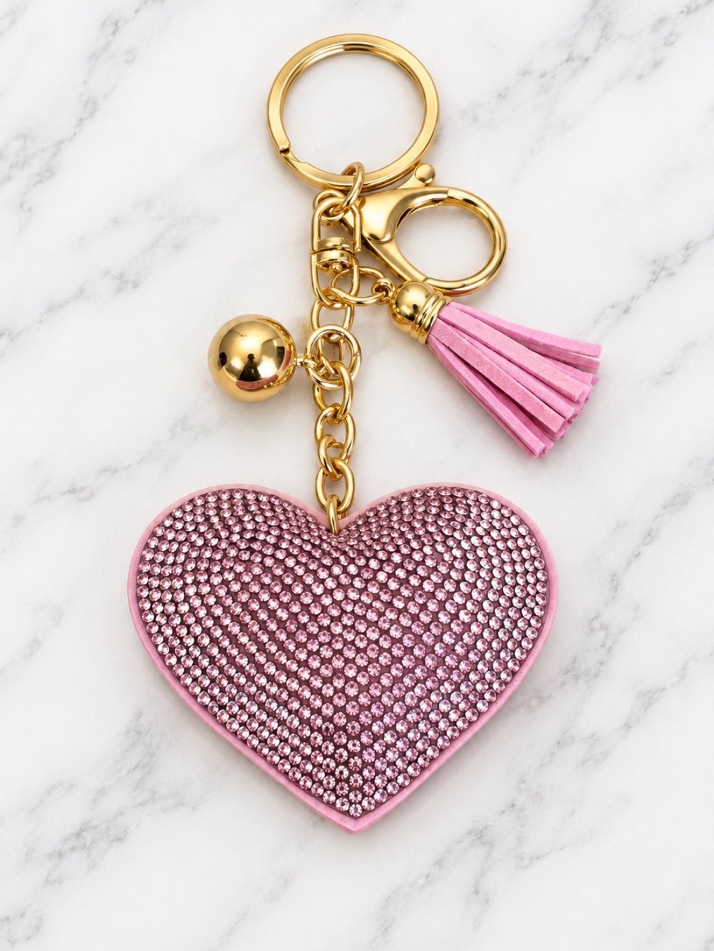 Bag Charm/Keyring-Pink Heart Rhinestone Charm with Tassel-Gold Hardware